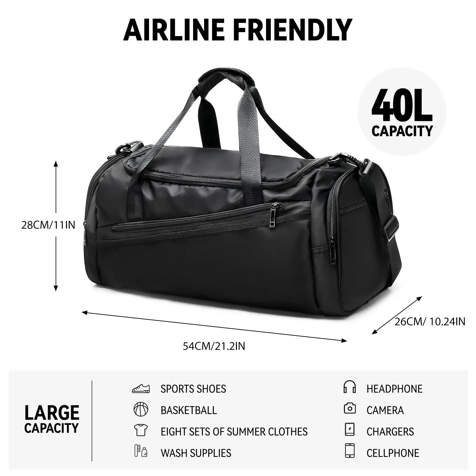 Likros 40L Lightweight Foldable Gym Bag with Shoes Compartment
